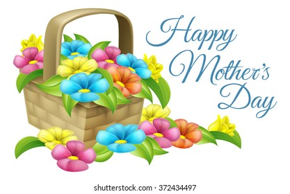 A beautiful floral gift basket full of flowers with text reading Happy Mothers Day