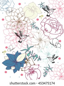 beautiful floral graphic pattern of different painted flowers with birds soaring,can be used for printing onto fabric and wrapping paper