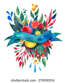 Beautiful Floral Greeting Card. Bright illustration, invitation card for wedding,birthday and holiday and cute summer background. Mother's Day floral greeting. Ribbon decorative vector illustration