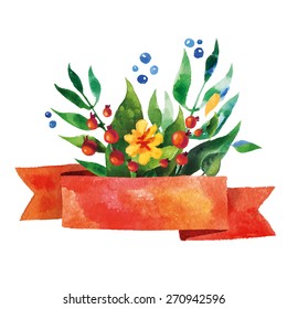 Beautiful Floral Greeting Card. Bright illustration, invitation card for wedding,birthday and holiday and cute summer background. Mother's Day floral greeting. Ribbon decorative illustration