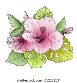 Beautiful floral hand drawn colorful tropical bouquet, bunch of pink and red hibiscus flowers and green palm leaves arrangement, isolated on white background. Vector illustration.