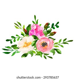 Beautiful floral hand drawn watercolor bouquet, bunch of flowers arrangement, with pink roses, white and purple flowers, isolated on white background. Can be used for invitations or wedding design