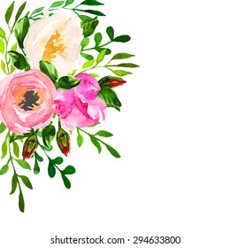 Beautiful floral hand drawn watercolor bouquet, bunch of flowers arrangement, with pink roses, white and purple flowers, isolated on white background. Can be used for invitations or wedding design.