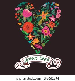 Beautiful Floral Heart Card. Cute retro bright flowers arranged in a shape of the heart