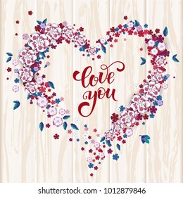 Beautiful floral heart with lettering. Valentine card. Vector illustration EPS10
