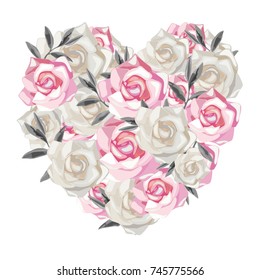 Beautiful floral heart shape of roses. Valentine card. Love gift. Vector illustration