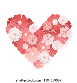 Beautiful floral heart for Valentines Day card.  Origami flowers. Vector illustration EPS10.