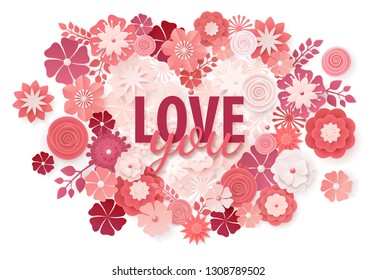 Beautiful floral heart for Valentines Day card.  Origami flowers. Vector illustration EPS10.