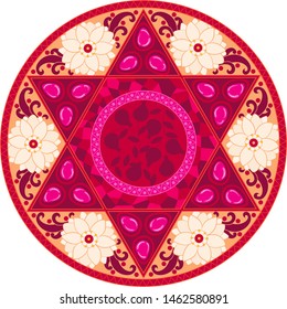 Beautiful floral holiday mandala with gem stones and pomegramate panneau, judaica style with six pointed star