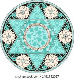 
Beautiful floral holiday mandala with gem stones and pomegranate panneau, Judaic style with six pointed star