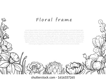 Beautiful floral horizontal frame. Vector floral frame with linear black flower drawings on white background. Romantic floral template for wedding cards and invitations. 