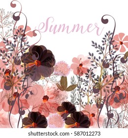 Beautiful floral illustration in pink colors with field summer flowers