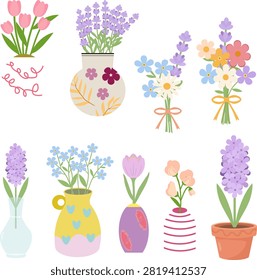 Beautiful floral illustration set featuring colorful spring flowers in vases, pots, and bouquets isolated on a white background