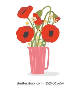 Beautiful Floral illustration - Summer Bouquet in a pink Jag. Poppies and Camomile flowers on a white background.