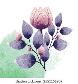 "Bela ilustração floral com pétalas texturizadas e folhas em tons pastel. Ideal para impressões, decoração, embalagem e designs digitais. Perfeito para projetos de natureza e design gráfico moderno."