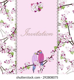 Beautiful floral invitation card with stylization apple twig and two parrot on the floral background. Vintage romantic vector illustration