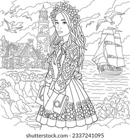 Beautiful floral lady near the sea. Adult coloring book page with intricate antistress ornament