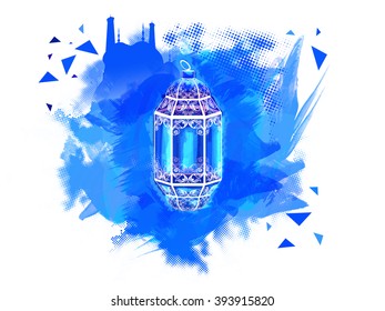 Beautiful floral Lamp on Mosque decorated abstract blue paint stroke background for Islamic Holy Month of Prayers, Ramadan Kareem celebration.