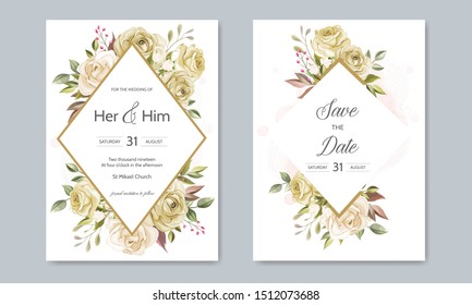 Beautiful floral leaves wedding invitation card template