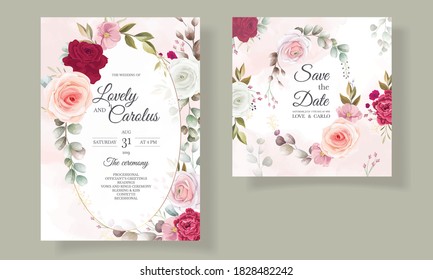 Beautiful floral and leaves wedding invitation card