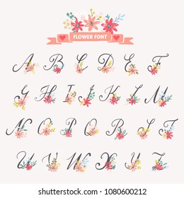 Beautiful floral letters in alphabetical order. Vector colorful flower font.