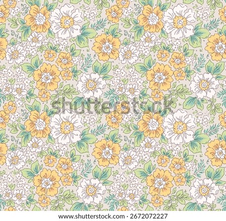 Beautiful floral liberty pattern in small vintage flowers. Small yellow and white flowers. Beige background. Hand drawn Ditsy print. Floral seamless background. Gentle template for fashion prints. 