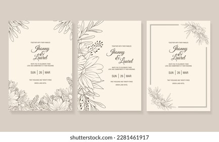 Beautiful Floral Line Art Wedding Invitation Card Template. Minimalist wedding invitation card template design, floral black line art.