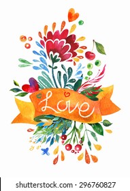 Beautiful Floral Love Greeting Typographic Card  Bright illustration invitation card for wedding,birthday and holiday and cute summer background