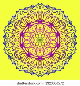 Beautiful Floral Mandala. Art Traditional, Islam, Arabic, Indian, Magazine, Elements With Mandala. Vector Illustration. Yellow purple color.