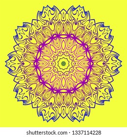 Beautiful Floral Mandala. Art Traditional, Islam, Arabic, Indian, Magazine, Elements With Mandala. Vector Illustration. Yellow purple color.