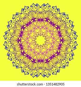 Beautiful Floral Mandala. Art Traditional, Islam, Arabic, Indian, Magazine, Elements With Mandala. Vector Illustration. Yellow purple color.