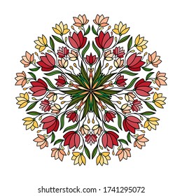 Beautiful floral mandala with red tulips, yellow and pink lotus, leaves, small patterns on white isolated background. Suitable for cover, banner, invitation, card.
