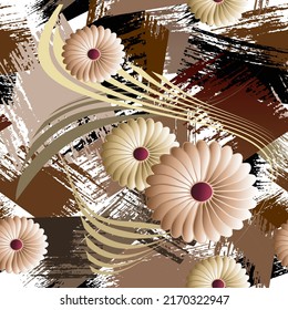 Beautiful floral modern seamless pattern. Colorful brush strokes dirty hand drawn background. Surface flowers. Repeat floral grunge rough paint backdrop. Abstract 3d flowers ornament. Gold wave lines.