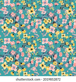 Beautiful floral motif.   flowers intertwined in a seamless pattern on a green background