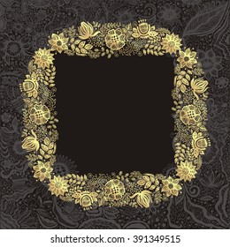 Beautiful floral nature pattern frame black and gold vector illustration