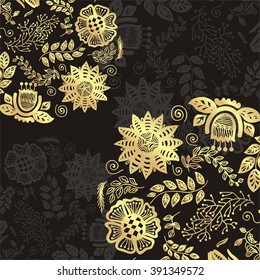 Beautiful floral nature pattern frame black and gold vector illustration