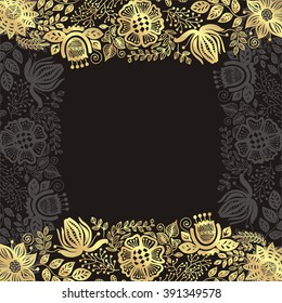 Beautiful floral nature pattern frame black and gold vector illustration