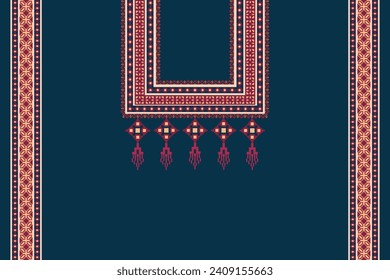 Beautiful floral neckline embroidery on navy blue background. traditional geometric ethnic oriental pattern. abstract vector illustration.design for textile,fabric, cloth and fashion.