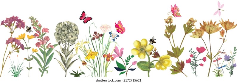 Beautiful floral on white background. Hand drawn illustration. Flowers, bee, butterfly, grass and dragonfly.