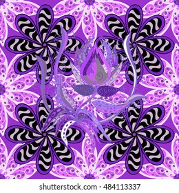 Beautiful floral oriental seamless pattern made of many mandalas. Background in violet colors. Vector illustration in eastern style.