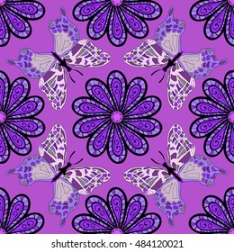 Beautiful floral oriental seamless pattern made of many mandalas and butterflies. Background in violet colors. Vector illustration in eastern style.