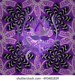 Beautiful floral oriental seamless pattern made of many mandalas. Background in violet colors. Vector illustration in eastern style.