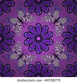 Beautiful floral oriental seamless pattern made of many mandalas and butterflies. Background in violet colors. Vector illustration in eastern style.