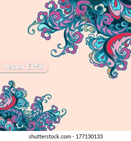 Beautiful floral ornament, design of climbing plants. Bright and colorful, vivid red and blue plant background. Hand painting. 
