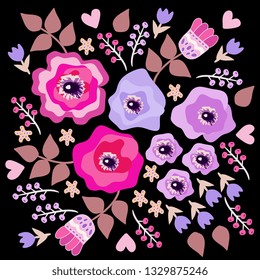 Beautiful floral ornament in naive style. Doily, bandana, pillowcase, greeting or invitation card.