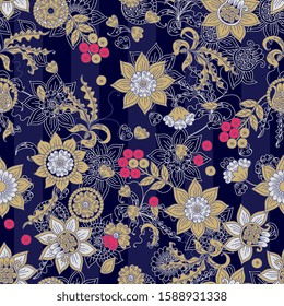 Beautiful floral ornament with russian ethnic motifs. Seamless patterns with flowers and berries on striped background. 