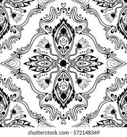 Beautiful floral ornament. Seamless black and white background 