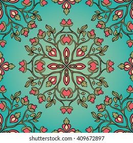 Beautiful floral ornament. Seamless summer pattern on a blue background. Template for textile, shawl, carpet.