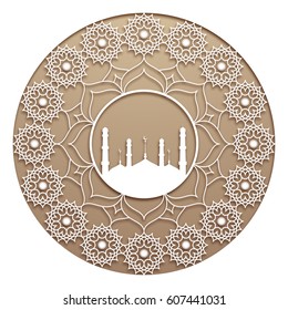 Beautiful floral ornaments decorated rounded frame with Mosque for Muslim Community Festivals celebration.