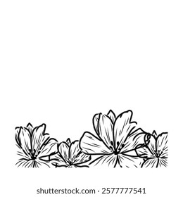 Beautiful floral outline design in black and white, perfect for invitations, cards, or artistic decoration, featuring elegant flowers and ample space for customization.